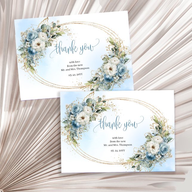 Tarjeta de agradecimiento de boda de oro azul polv (Soft Dusty Blue Gold Wedding thank you card)