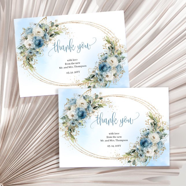 Tarjeta de agradecimiento de boda de oro azul polv (Organic Dusty Blue Gold Wedding thank you card)
