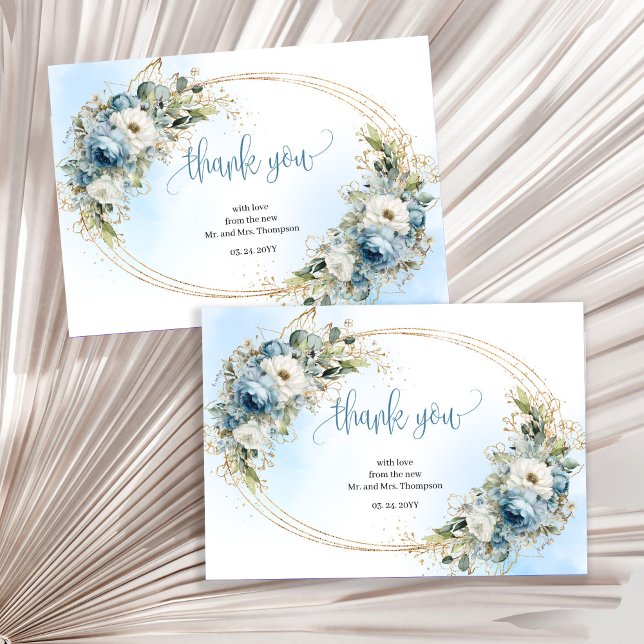 Tarjeta de agradecimiento de boda de oro azul polv (Refined Dusty Blue Gold Wedding thank you card)