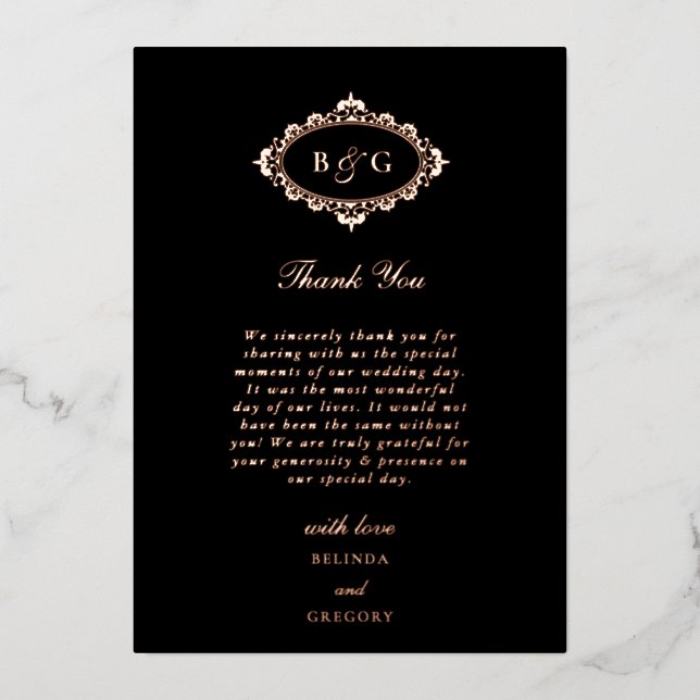 Tarjeta de agradecimiento de boda de oro rosa real (Anverso)