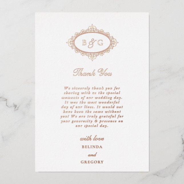 Tarjeta de agradecimiento de boda de oro rosa real (Anverso)