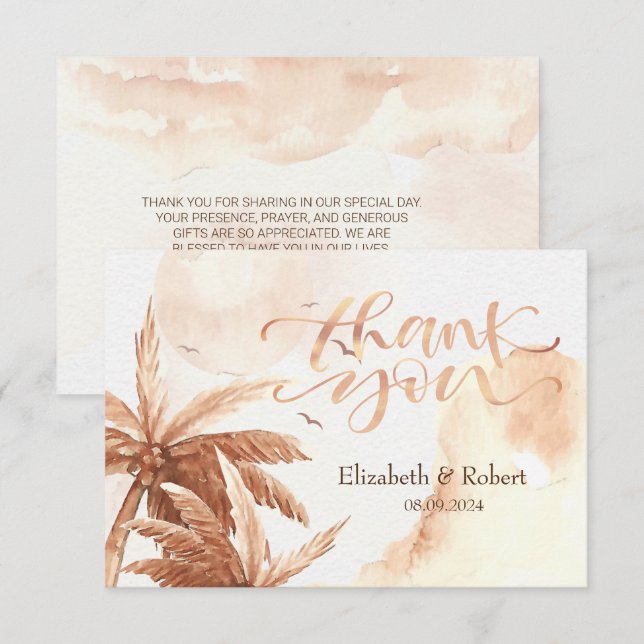 Tarjeta de agradecimiento de boda de Palmas Tropic (Anverso / Reverso)