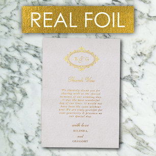 Tarjeta de agradecimiento de boda de papel de oro