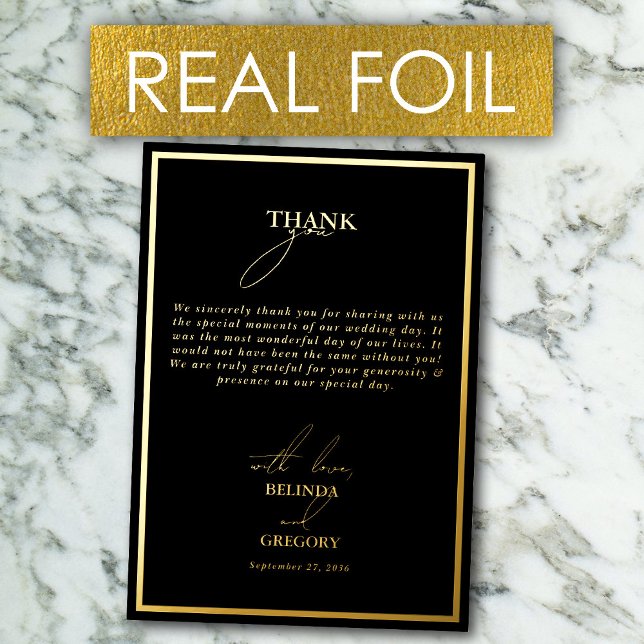 Tarjeta de agradecimiento de boda de papel de oro  (Real Gold Foil Black & Gold Wedding Thank You Card)