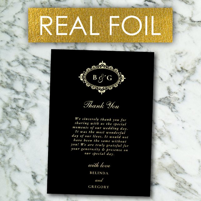 Tarjeta de agradecimiento de boda de papel negro c (Real Gold Foil Wreath Black Wedding Thank You Card)