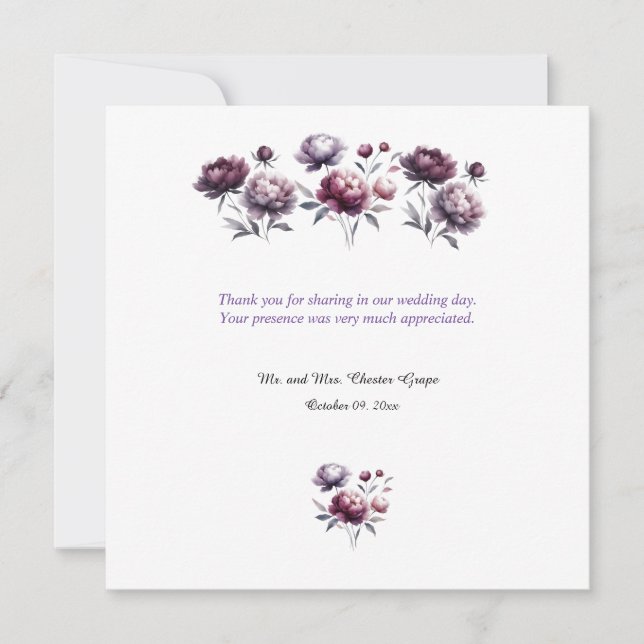 Tarjeta de agradecimiento de boda de peonías púrpu (Anverso)
