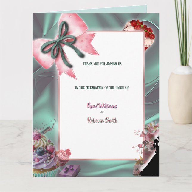 Tarjeta de agradecimiento de boda de seda verde az (Anverso)