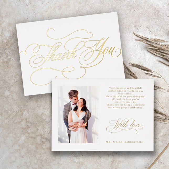 Tarjeta de agradecimiento de boda dorada con calig (Gold calligraphy wedding photo thank you card)