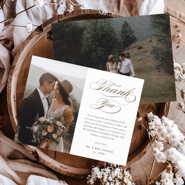 Tarjeta de agradecimiento de boda elegante con gui (Elegant gold calligraphy script budget wedding photo thank you cards.)