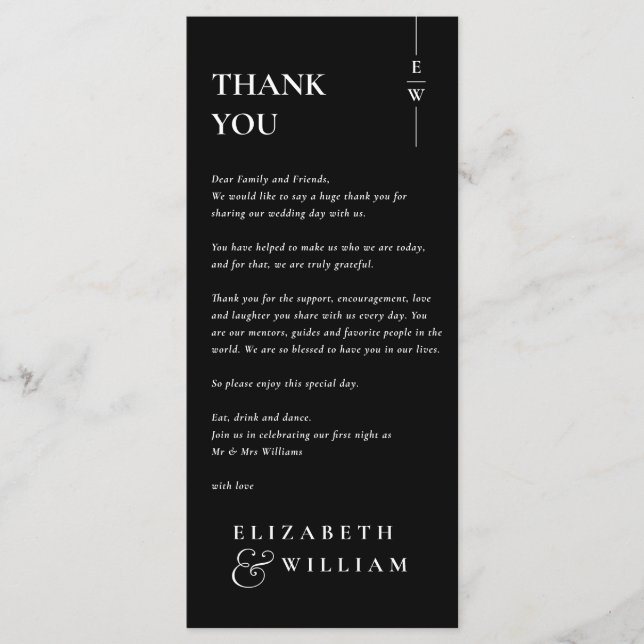 Tarjeta de agradecimiento de boda en blanco y negr (Anverso)