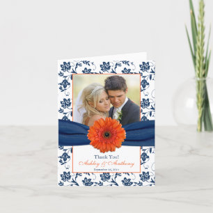 Tarjeta de agradecimiento de boda en damasco azul 