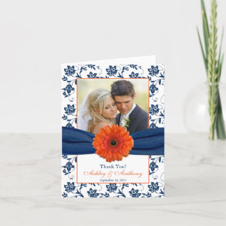 Tarjeta de agradecimiento de boda en damasco azul 