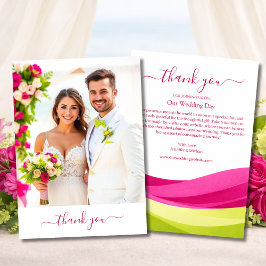 Tarjeta de agradecimiento de boda en fucsia y verd