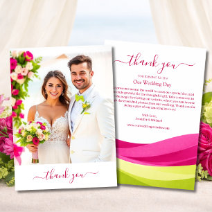 Tarjeta de agradecimiento de boda en fucsia y verd