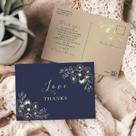 Tarjeta de agradecimiento de boda en oro floral y