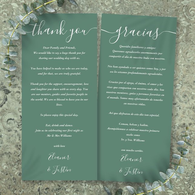 Tarjeta de agradecimiento de boda en verde eucalip (Eucalyptus Green Wedding 2 Language Thank You Card)