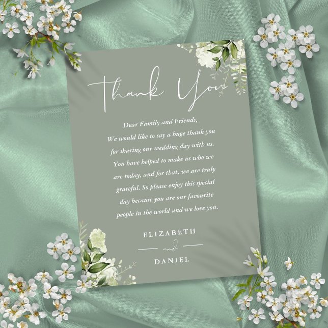 Tarjeta de agradecimiento de boda en verde salvia (Sage Green Greenery Thank You Wedding Place Card)