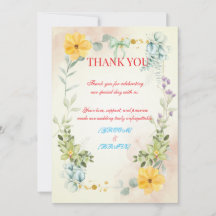 Tarjeta de agradecimiento de boda floral amarilla