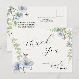 Tarjeta de agradecimiento de boda floral azul