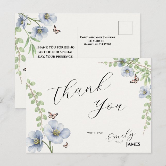 Tarjeta de agradecimiento de boda floral azul (Anverso / Reverso)