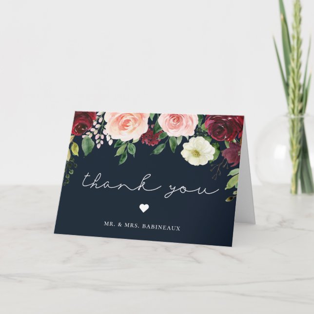 Tarjeta de agradecimiento de boda floral azul con  (Anverso)