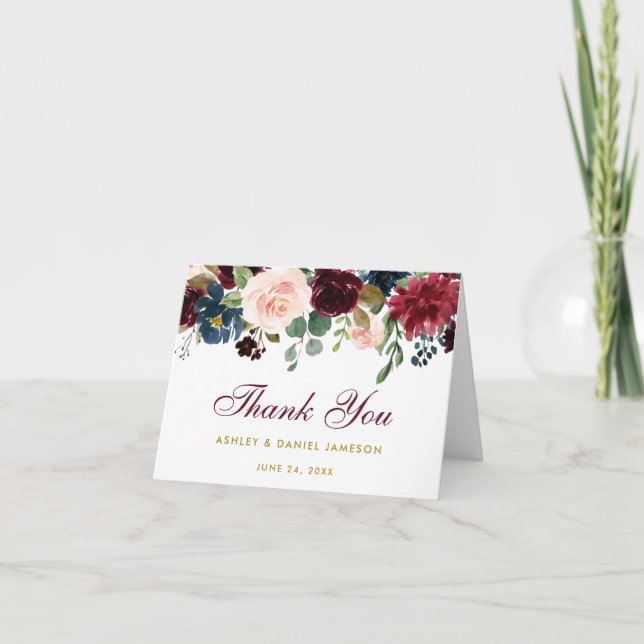 Tarjeta de agradecimiento de boda floral azul de B (Anverso)