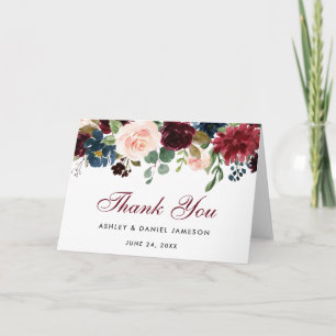 Tarjeta de agradecimiento de boda floral azul de B