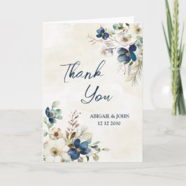 Tarjeta de agradecimiento de boda floral azul eleg
