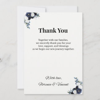 Tarjeta de agradecimiento de boda floral azul mari