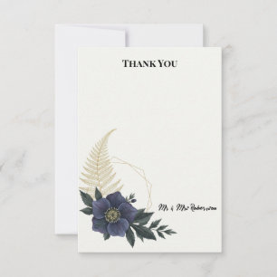 Tarjeta de agradecimiento de boda floral azul mari