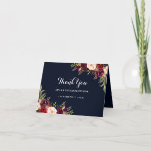 Tarjeta de agradecimiento de boda floral azul mari