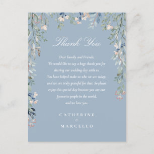 Tarjeta de agradecimiento de boda floral azul polv