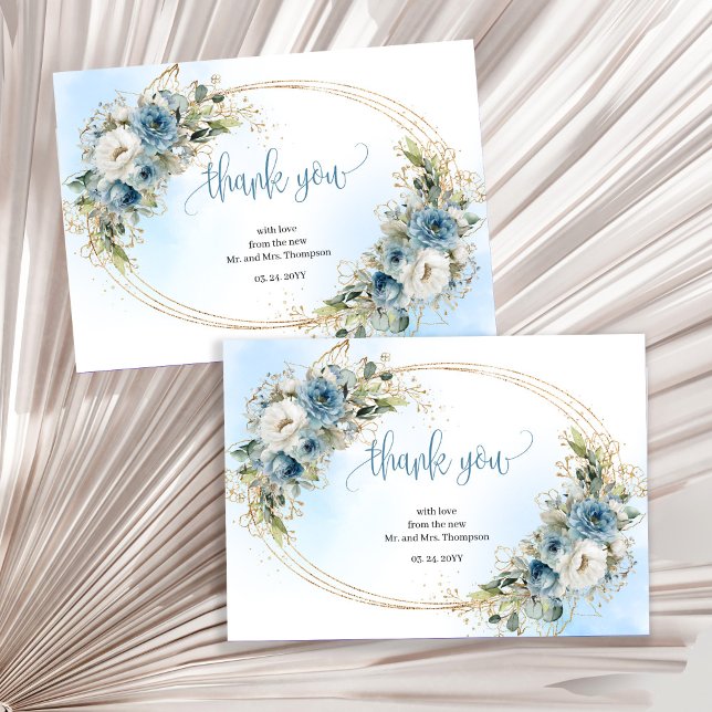 Tarjeta de agradecimiento de boda floral azul polv (Calm Dusty Blue Floral Wedding thank you card)