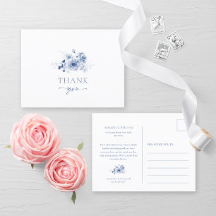 Tarjeta de agradecimiento de boda floral azul polv