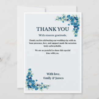 Tarjeta de agradecimiento de boda floral azul polv