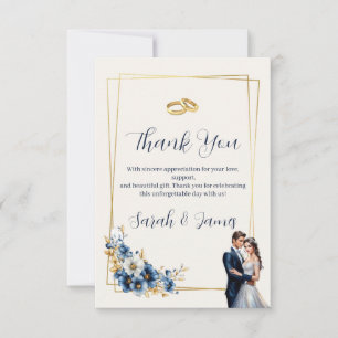 Tarjeta de agradecimiento de boda floral azul real