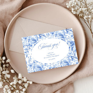 Tarjeta de agradecimiento de boda floral azul real