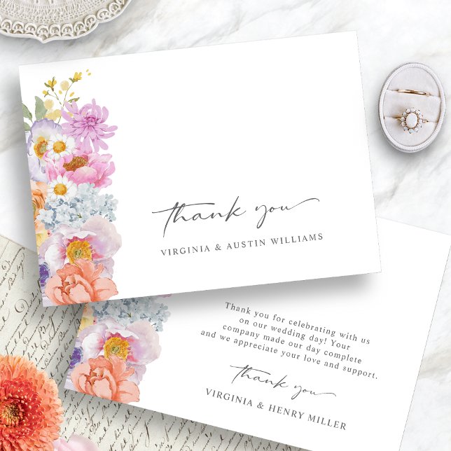 Tarjeta de agradecimiento de boda floral boho (Colorful Boho Floral Wedding Thank You Card by Painted Paperie
)