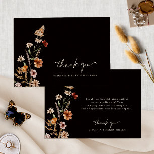 Tarjeta de agradecimiento de boda floral boho negr