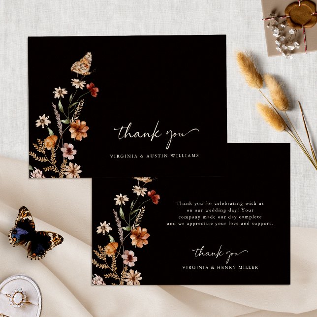 Tarjeta de agradecimiento de boda floral boho negr (Black Boho Floral Wedding Thank You Card with Butterfly by Painted Paperie
)