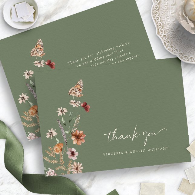 Tarjeta de agradecimiento de boda floral boho verd (Sage Green Boho Floral Wedding Thank You Card with Butterfly by Painted Paperie
)
