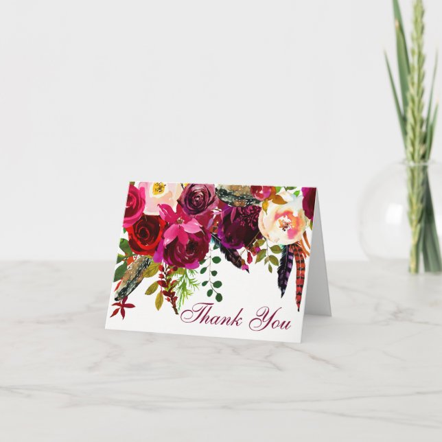 Tarjeta de agradecimiento de boda - Floral Borgoña (Anverso)