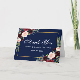 Tarjeta de agradecimiento de boda floral borgoña a