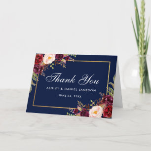 Tarjeta de agradecimiento de boda floral borgoña a