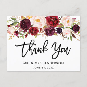 Tarjeta de agradecimiento de boda floral borgoña c