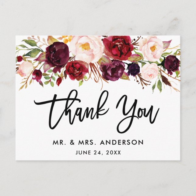 Tarjeta de agradecimiento de boda floral borgoña c (Anverso)
