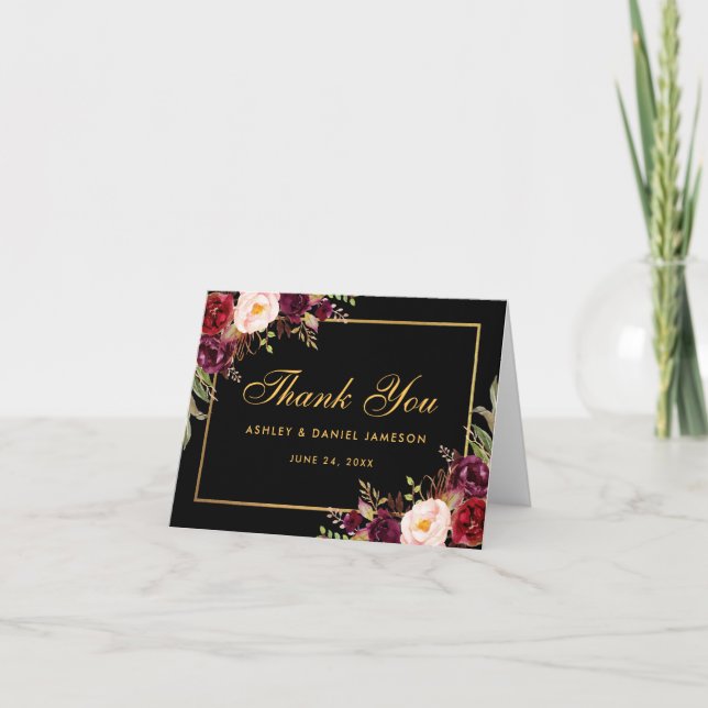Tarjeta de agradecimiento de boda floral borgoña n (Anverso)