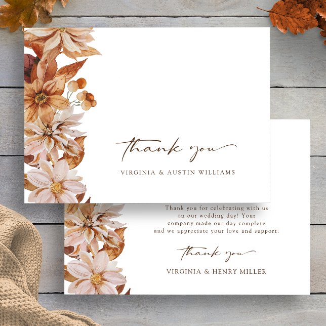 Tarjeta de agradecimiento de boda floral de hojas  (Boho Fall Leaves Floral Wedding Thank You Card by Painted Paperie
)