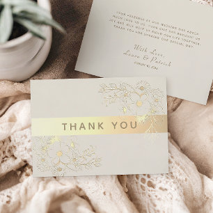 Tarjeta de agradecimiento de boda floral de oro ma