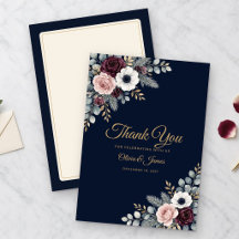 Tarjeta de agradecimiento de boda floral dorada de